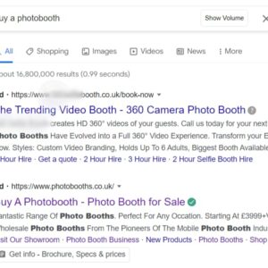 Example of Buy a Photobooth keyword showing a google ad for a photobooth hire business