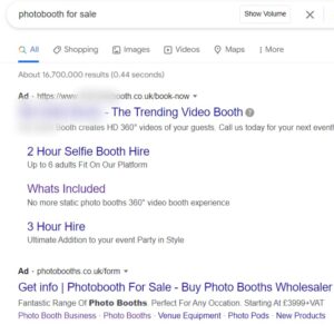 Example of Photo Booth For Sale keyword showing a google ad for a photobooth hire business