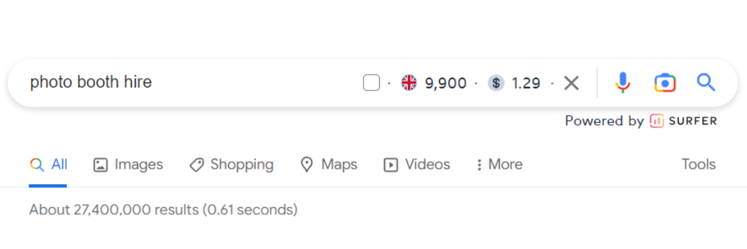 Keyword surfer tool showing results for photo booth hire search term