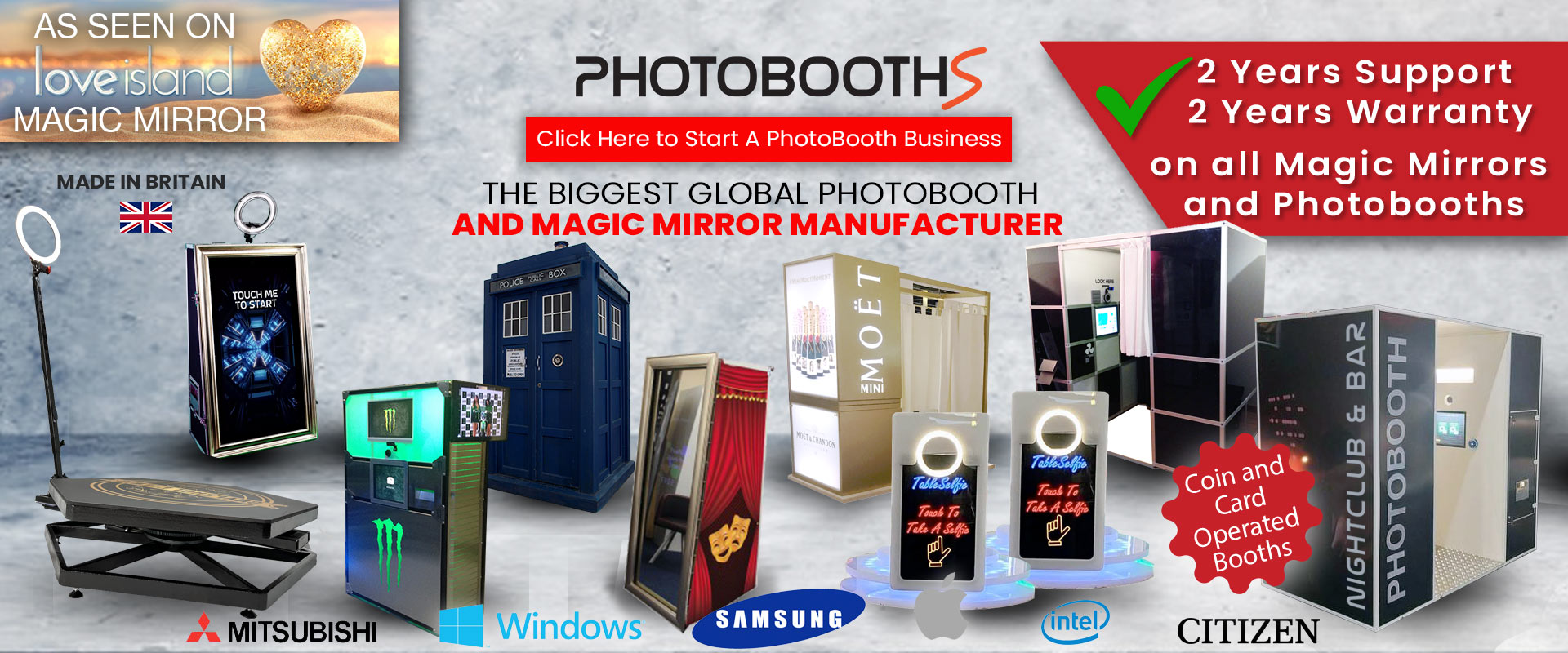 Photobooths Image showing 360 Photobooth, Magic Mirror, Table Photo Booth, traditional oval booth and more